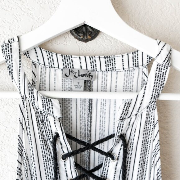 J for Justify Size Small Sleeveless Black & White Striped Boho Tassel Tie Dress - Picture 2 of 7